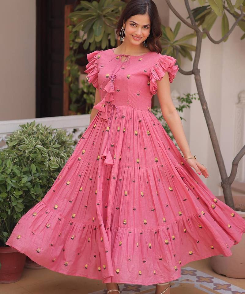 Pink cotton with embroidered work layer dresses