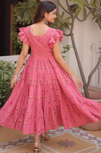 Pink cotton with embroidered work layer dresses