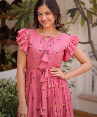Pink cotton with embroidered work layer dresses 3