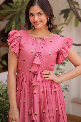 Pink cotton with embroidered work layer dresses