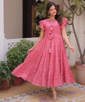 Pink cotton with embroidered work layer dresses 4