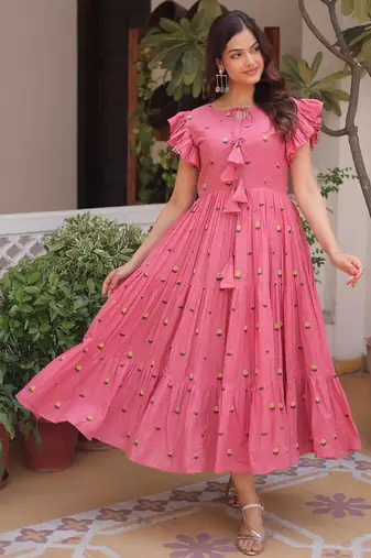 Pink cotton with embroidered work layer dresses