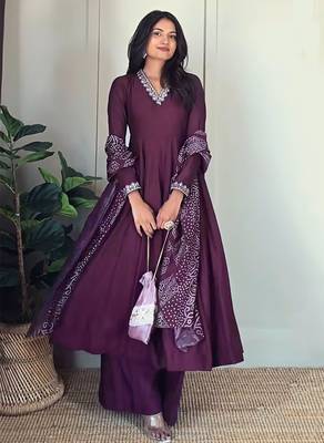 Women's vichitra silk embroidered anarkali kurta palazzo with bandhani dupatta set 5