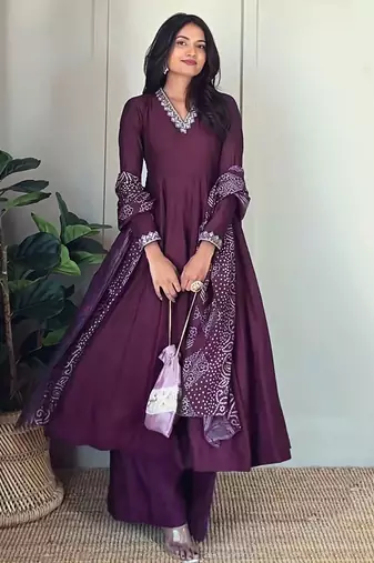 Women's vichitra silk embroidered anarkali kurta palazzo with bandhani dupatta set