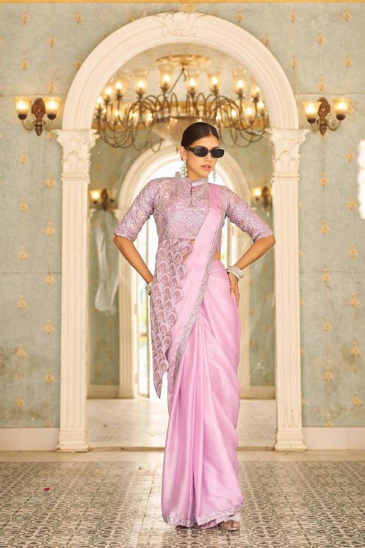 Lilac silk blend ready to wear saree