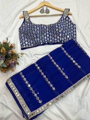 Royal blue mirror work saree 3
