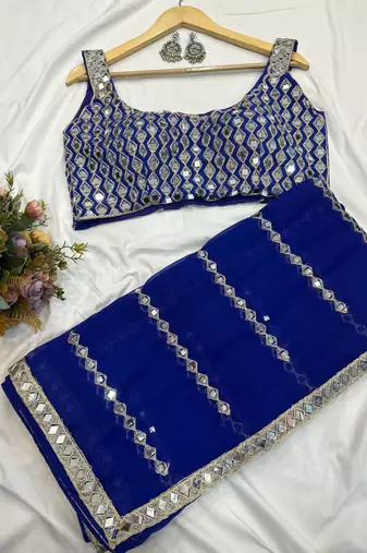 Royal blue mirror work saree