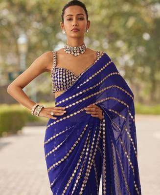 Royal blue mirror work saree 4