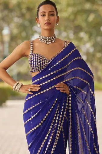 Royal blue mirror work saree