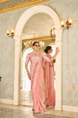 peach peplum designer ready to wear saree 1