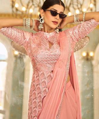 peach peplum designer ready to wear saree 3