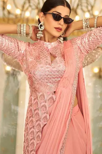 peach peplum designer ready to wear saree