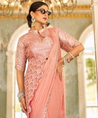 peach peplum designer ready to wear saree 4