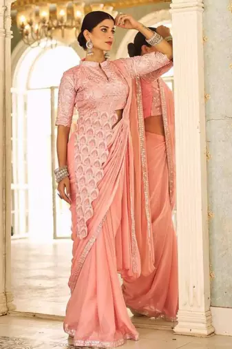 peach peplum designer ready to wear saree