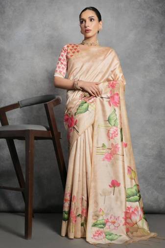 Beige lotus print silk blend saree