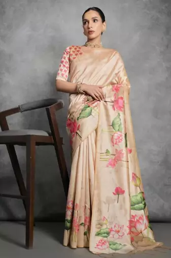 Beige lotus print silk blend saree