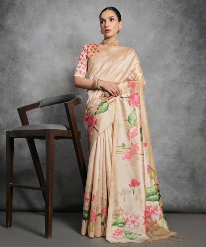 Beige lotus print silk blend saree