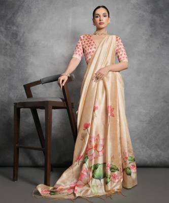 Beige lotus print silk blend saree 2