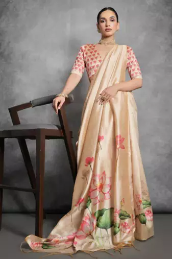 Beige lotus print silk blend saree