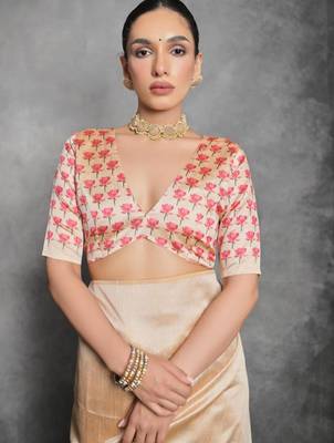 Beige lotus print silk blend saree 3