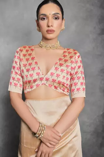 Beige lotus print silk blend saree