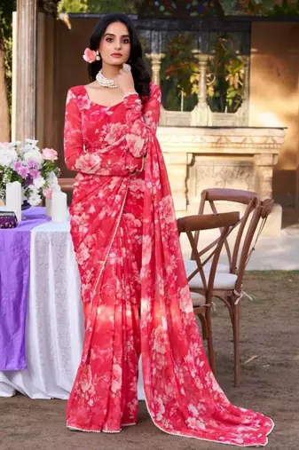 Red floral printed georgette saree