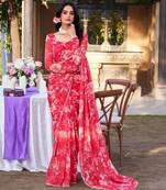 Red floral printed georgette saree