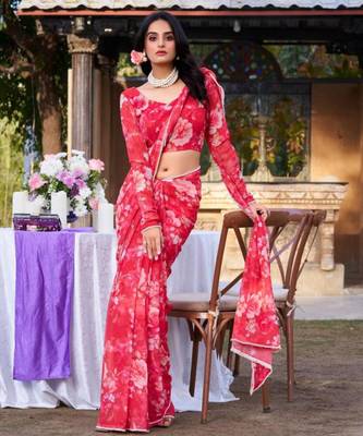 Red floral printed georgette saree 2