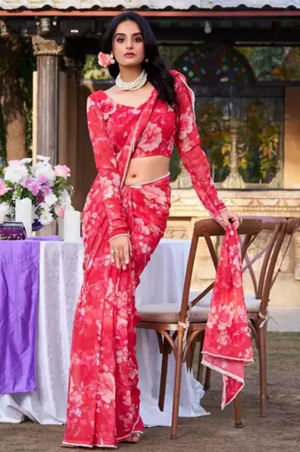 Red floral printed georgette saree