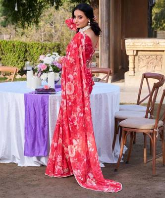 Red floral printed georgette saree 3