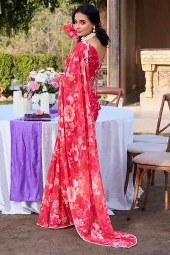 Red floral printed georgette saree