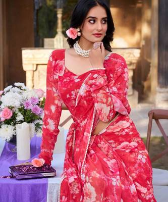 Red floral printed georgette saree 4