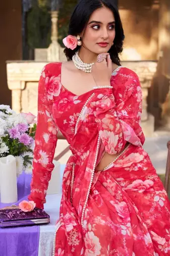 Red floral printed georgette saree