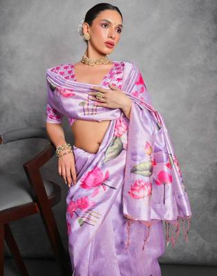 Purple hand-painted silk blend saree 3