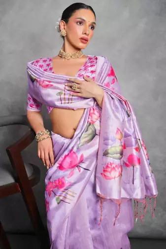 Purple hand-painted silk blend saree