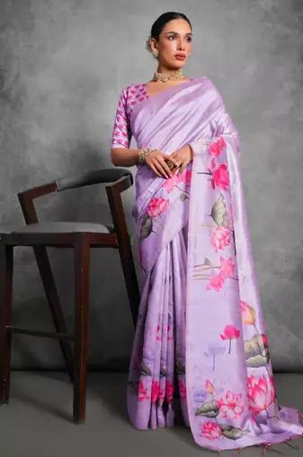 Purple hand-painted silk blend saree