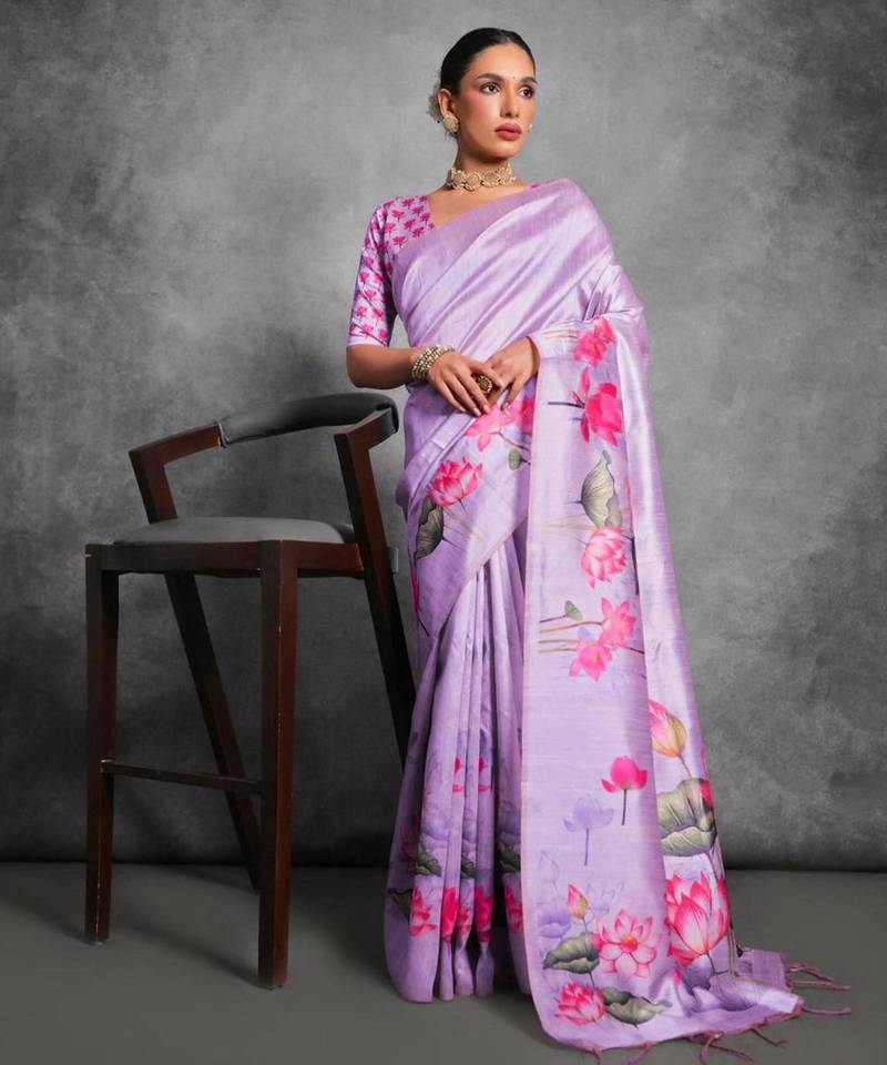 Purple hand-painted silk blend saree