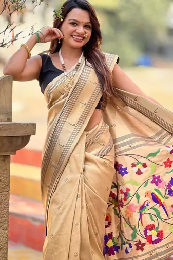 Beige tussar silk paithani saree
