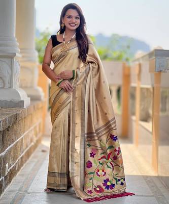 Beige tussar silk paithani saree 1