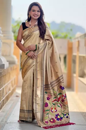 Beige tussar silk paithani saree