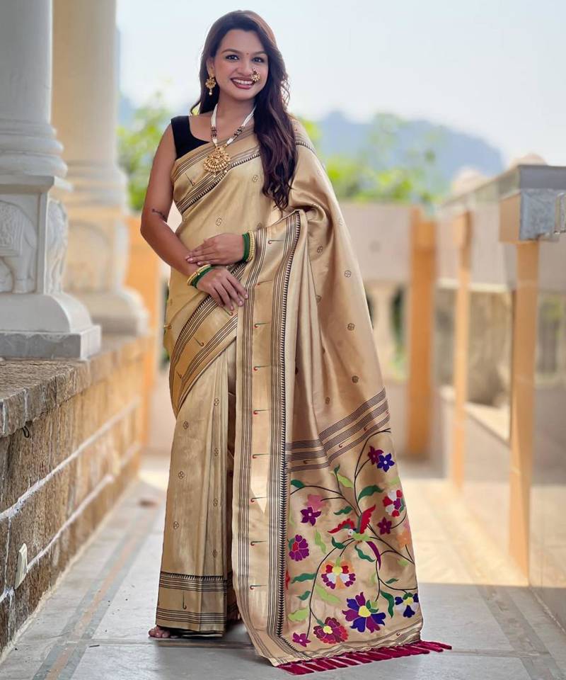 Beige tussar silk paithani saree