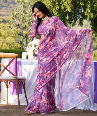 Purple floral print georgette saree 2