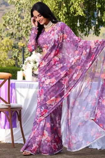 Purple floral print georgette saree