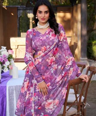 Purple floral print georgette saree 3