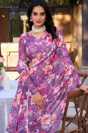 Purple floral print georgette saree