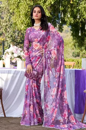 Purple floral print georgette saree