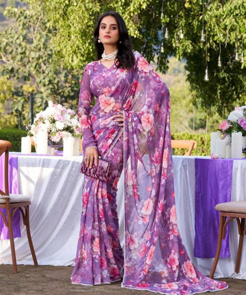Purple floral print georgette saree