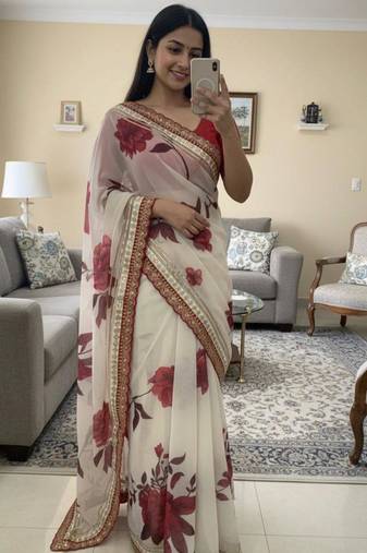 Off white and red floral organza saree