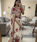 Off white and red floral organza saree
