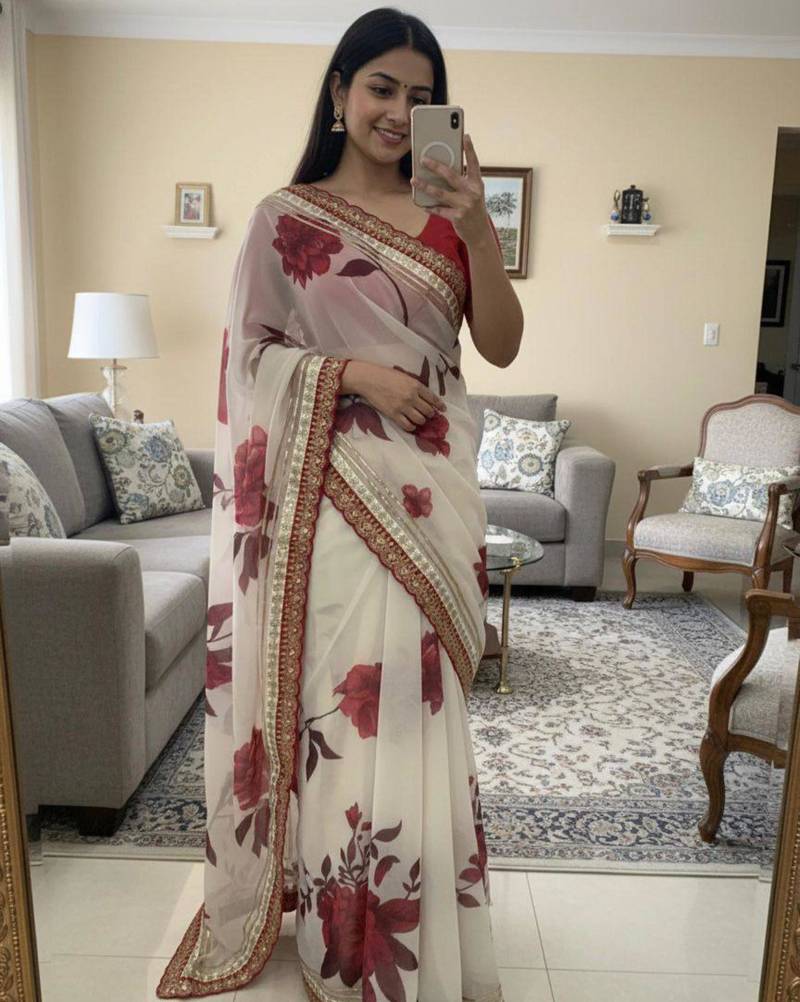 Off white and red floral organza saree